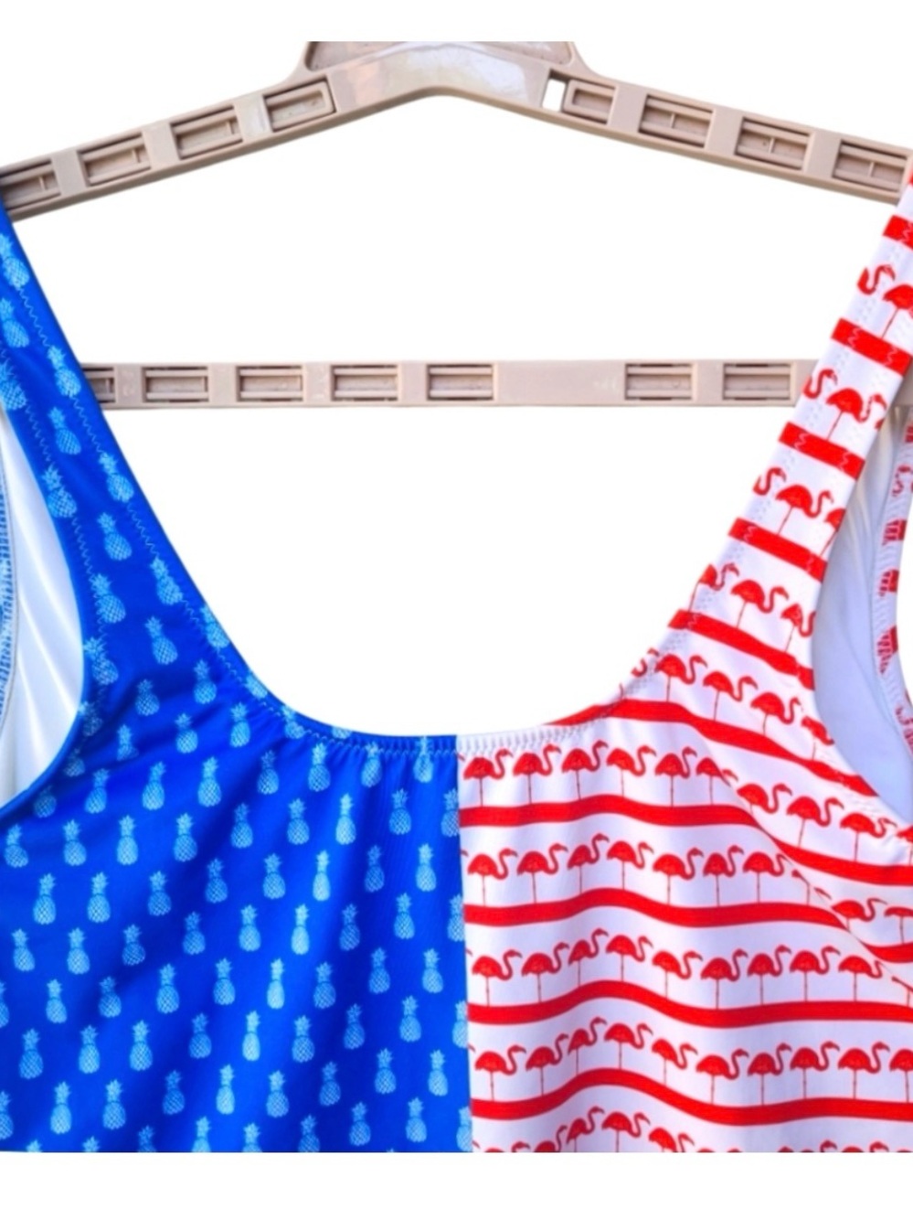 Two-Tone Pineapple & Flamingo One-Piece Swimsuit - Blue & Red